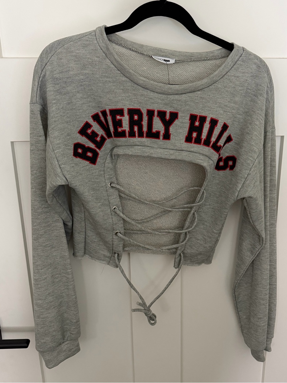 Fashion Nova Grey Lace-Up Cropped Sweatshirt with Red Lettering